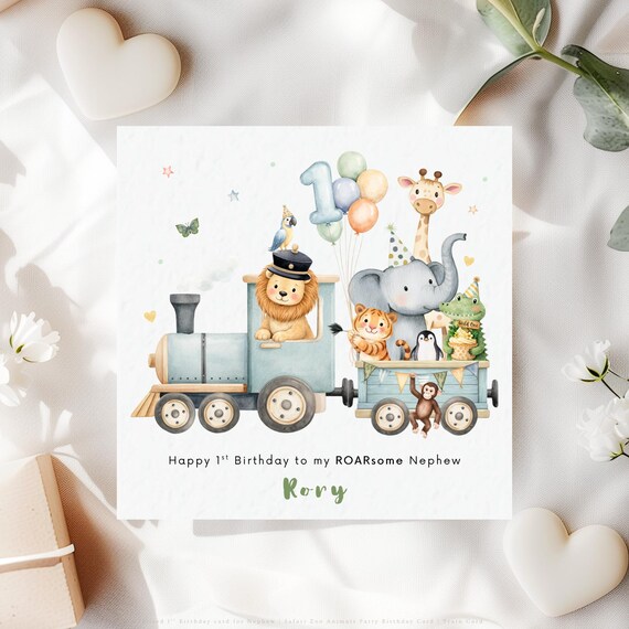 Personalised 1st Birthday Card for Nephew | Safari Animals Train Zoo Party Keepsake