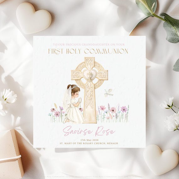 Personalised First Holy Communion Card for Granddaughter | Irish Celtic Cross Religious Keepsake