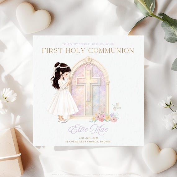 First Holy Communion Card for Girl | Personalised Catholic Stained Glass Church Window Religious Keepsake