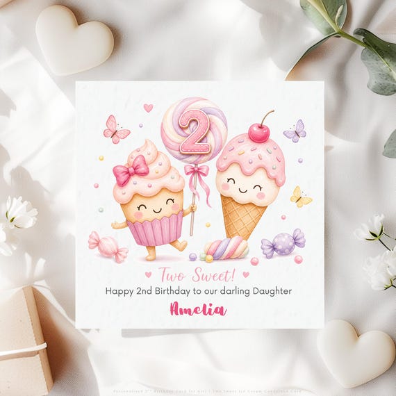 Personalised 2nd Birthday Card for Daughter | Two Sweet Cupcake Ice Cream Keepsake