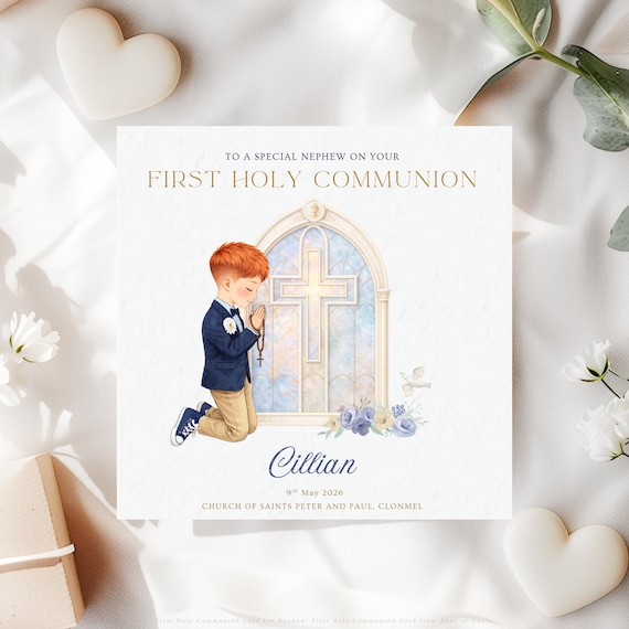 Personalised First Holy Communion Card for Nephew, Catholic Communion Keepsake from Aunt or Uncle