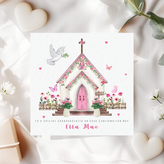 Personalised Confirmation Card for Granddaughter | Catholic Floral Pink Church Confirmation Keepsake