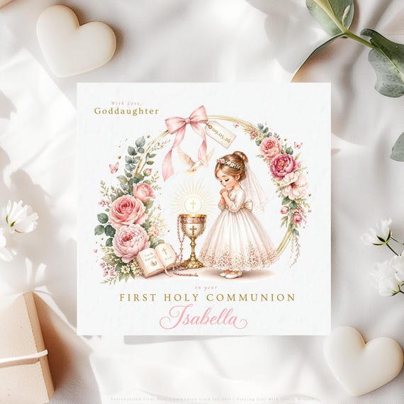 Personalised First Holy Communion Card Goddaughter | Custom Hair Colour Girl Religious Keepsake