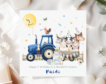 Personalised 1st Birthday Card for Godson | Blue Tractor Farm Animal Party Keepsake