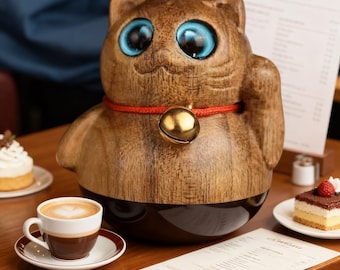 Handmade Wooden Lucky Cat Figurine, Small Maneki Neko Sculpture, Kawaii Desk Ornament, Feng Shui Home Decor, Cute Wood Cat Gift with Bell