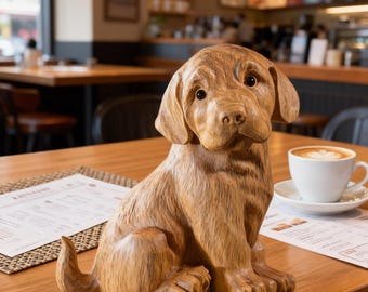 Hand-Carved Wooden Labrador Retriever Figurine, Realistic Dog Sculpture, Kawaii Pet Ornament, Handmade Wood Dog Decor, Gift for Dog Lovers