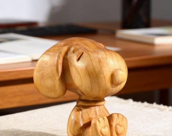 Hand-Carved Wooden Snoopy Figurine, Cute Dog Sculpture, Kawaii Cartoon Wood Ornament, Handmade Pet Decor, Unique Gift for Dog Lovers