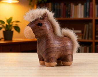 Hand-Carved Wooden Horse Figurine, Cute Pony Sculpture,Mini Wood Animal Decor, Fluffy Mane Desk Ornament,Handmade Gift for Kids & Collectors