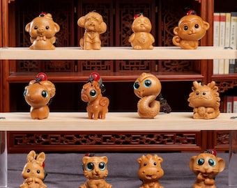 Set of 12 Hand-Carved Wooden Zodiac Animal Charms, Cute Kawaii Mini Figurines, Zodiac Keychain or Pendant, Handmade Animal Collectibles Gift