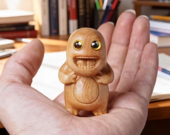 Hand Carved Wooden Monster Figurine, Cute Funny Mini Sculpture, Natural Wood Toy, Kawaii Desk Decor, Unique Gift for Kids