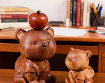Hand Carved Wooden Bear Figurine with Apple Cute Animal Sculpture Mini Desk Decor Gift Handmade Wood Art Collectible, Unique Gift for Kids