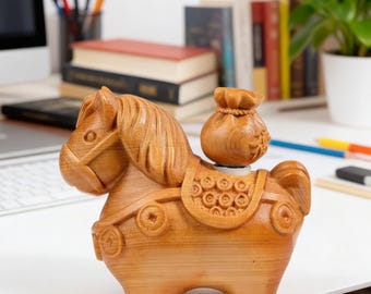 Hand Carved Wooden Horse Figurine with Lucky Coin Bag,Feng Shui Wealth Decor, Natural Wood Sculpture,Desk Ornament Gift,Gift for wood Lovers