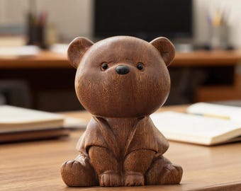 Hand-Carved Wooden Bear Figurine, Cute Animal Sculpture, Kawaii Desk Ornament, Handmade Wood Bear Decor, Unique Gift for Animal Lovers