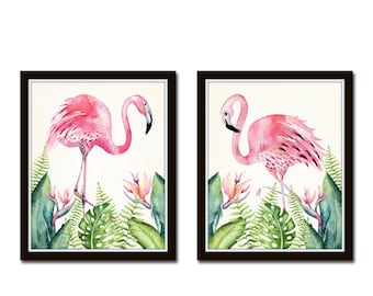 Watercolor Flamingos Print Set No. 1, Bird Prints, Giclee, Art Print, Coastal Art Wall Art Coastal Decor Beach Cottage Decor Flamingo Prints