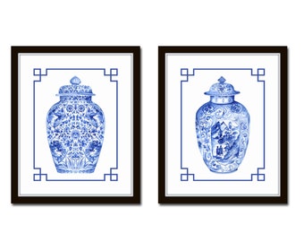 Blue and White Chinoiserie Porcelain Vase Print Set No. 3, Ginger Jar Prints, Chinese Porcelain Prints, Giclee Prints, Wall Art, Print Sets