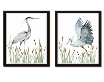 Blue Heron Print Watercolor Giclee Print Set No. 2, Coastal Wall Art,