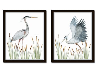 Watercolor Heron Print Set No. 2, Bird Prints, Giclee, Art Print, Coastal Art, Wall Art, Coastal Decor, Beach Cottage Decor, Nautical Art