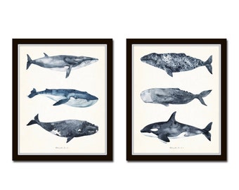 Watercolor Whale Art Print Set, Coastal Wall Decor