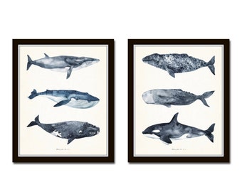 Watercolor Whales Print Set No. 1, Fish Prints, Giclee, Art Print, Coastal Art, Wall Art, Coastal Decor, Beach Cottage Decor, Nautical Art