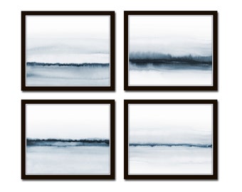 Indigo Blue Abstract Seascape Print Set, Coastal Giclee Wall Art