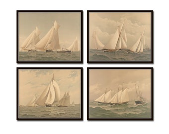 May include: Four framed vintage prints of sailing ships on the water. Each print features a different scene of sailing ships with white sails.