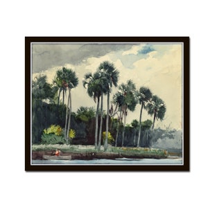 May include: A watercolor painting of a group of palm trees along a riverbank. The trees are tall and slender, with lush green fronds. The sky is cloudy and gray, and the water is a calm blue.