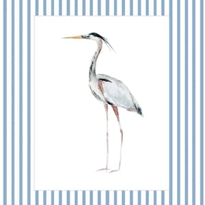 May include: A watercolor painting of a gray heron with a long, thin beak and long legs. The heron is standing on a white background.