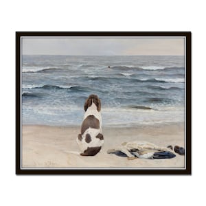 Vintage Watercolor Seascape, Waiting Patiently, Dog Art, Coastal Home Decor, Coastal Art, Vintage Seascape Paintings image 1