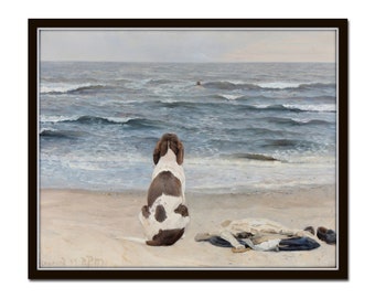 Vintage Dog Seascape Painting, Waiting Patiently, Giclee, Coastal Art Print