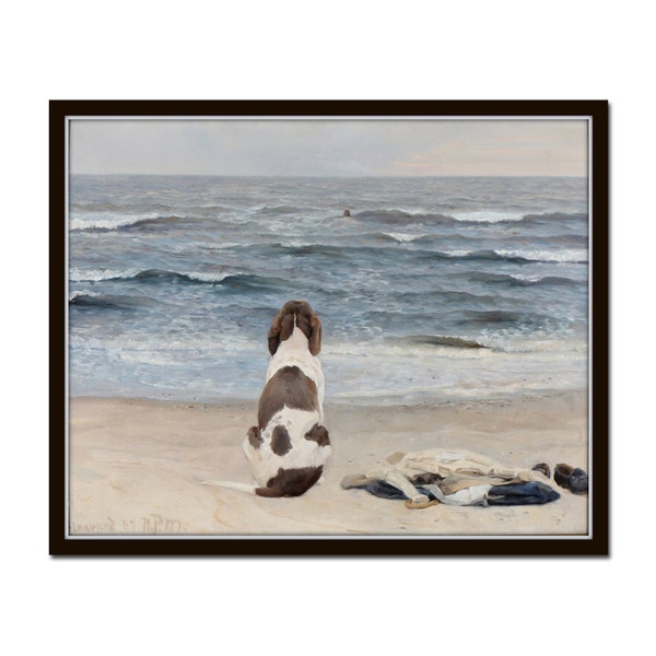 Vintage Watercolor Seascape, Waiting Patiently, Dog Art, Coastal Home Decor, Coastal Art, Vintage Seascape Paintings