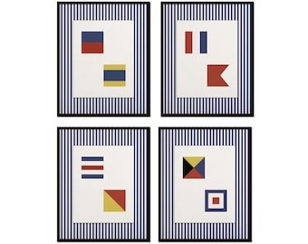 Juego de 4 láminas giclée de banderas de señales marítimas, decoración náutica costera.