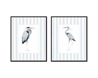 Blue Striped Watercolor Heron Print Set, Bird Prints, Giclee Coastal Wall Art