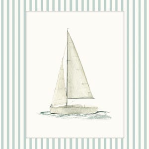 May include: Watercolor painting of a sailboat with white sails on a white background. The image is framed by a border of vertical stripes in light blue and white, creating a nautical theme.