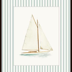 May include: Watercolor painting of a sailboat with a white sail and wooden mast. The boat is set against a white background, framed by a striped pattern in light blue and white, and a dark brown frame.