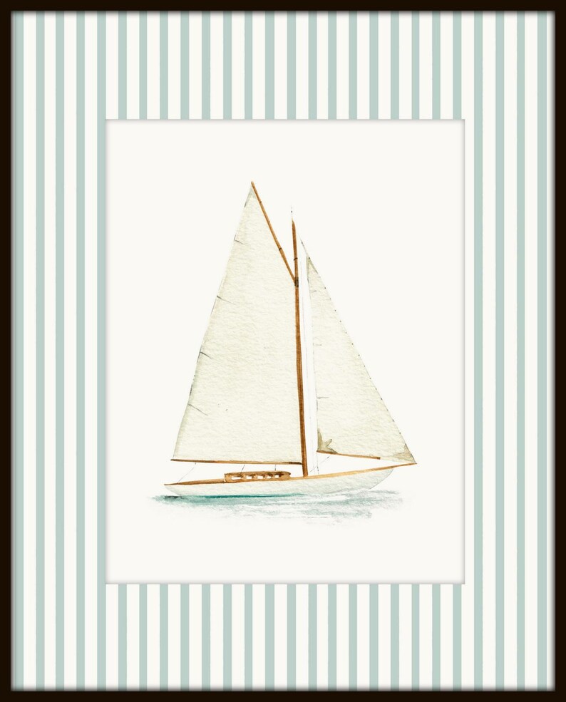 May include: Watercolor painting of a sailboat with a white sail and wooden mast. The boat is set against a white background, framed by a striped pattern in light blue and white, and a dark brown frame.