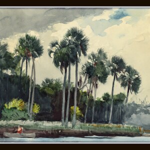 May include: Watercolor painting of a landscape with palm trees and a cloudy sky. A small boat with a person in it is in the foreground.