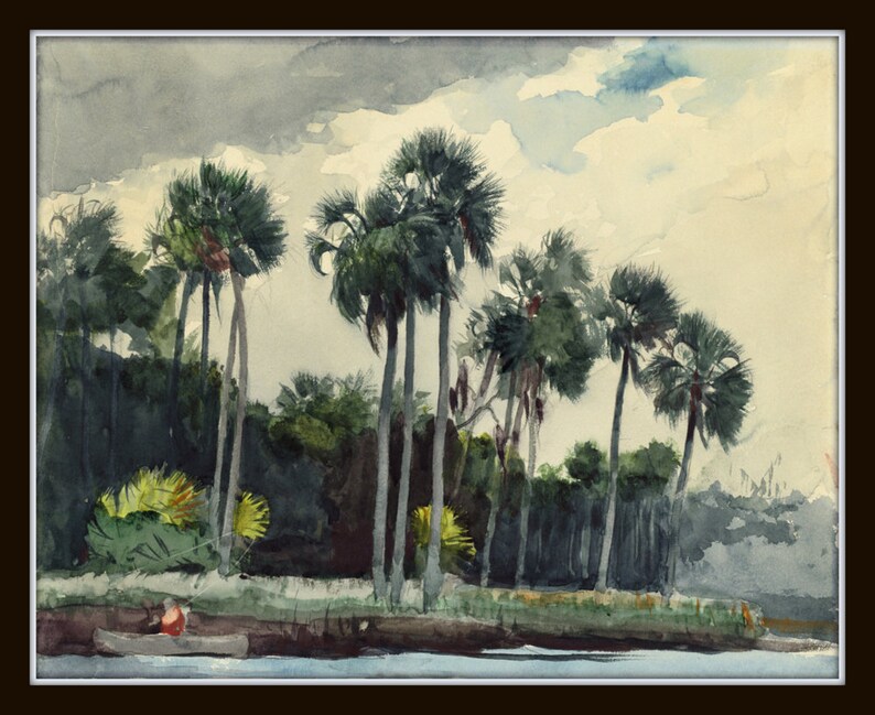 May include: Watercolor painting of a landscape with palm trees and a cloudy sky. A small boat with a person in it is in the foreground.