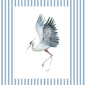 May include: A watercolor painting of a blue heron with its wings spread, standing on one leg. The heron is depicted against a white background.