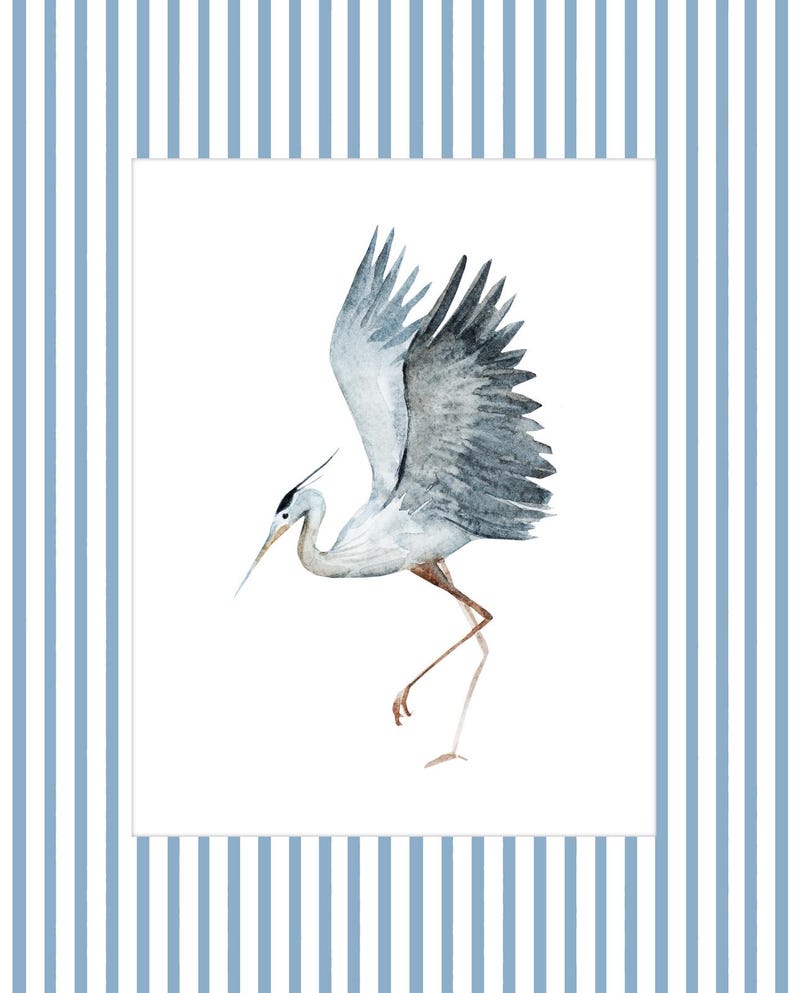 May include: A watercolor painting of a blue heron with its wings spread, standing on one leg. The heron is depicted against a white background.