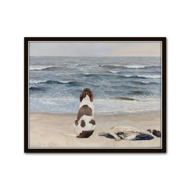 Vintage Watercolor Seascape, Waiting Patiently, Dog Art, Coastal Home Decor, Coastal Art, Vintage Seascape Paintings image 2