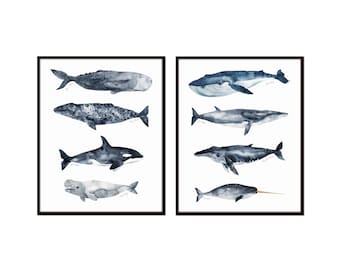 Juego de 2 láminas giclée de ballenas en acuarela, arte mural costero.