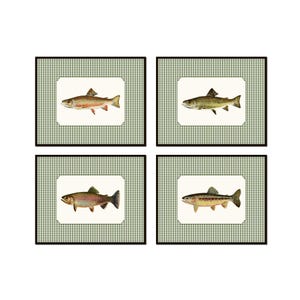 Vintage Trout Print Set with Green Gingham Border, Vintage Fish Art, Hunt Club Art, Angler Art, Art Prints, Wall Decor