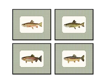 Juego de láminas vintage de trucha con borde de cuadros verdes, arte vintage de peces, arte de club de caza, arte de pescadores, láminas artísticas, decoración de pared