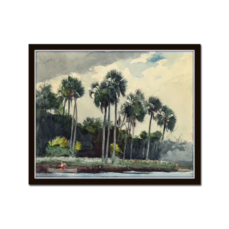 May include: A watercolor painting depicting a group of palm trees along a riverbank. The trees are silhouetted against a cloudy sky, and a small boat with two figures is visible in the foreground.