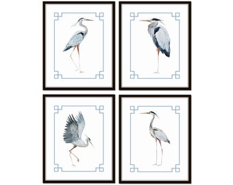 Watercolor Chinoiserie Heron Print Set No. 1, Shore Bird Prints, Art Print, Coastal Art, Wall Art, Coastal Decor, Bird Print Set, Wall Decor