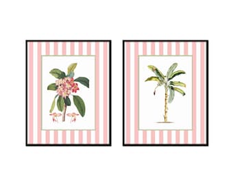 Conjunto con estampado de palmeras tropicales y flores, borde de rayas rosas, arte botánico vintage.