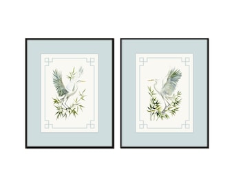 Juego de 2 láminas giclée de garza blanca, borde azul spa de estilo chinoiserie, arte de aves costeras.