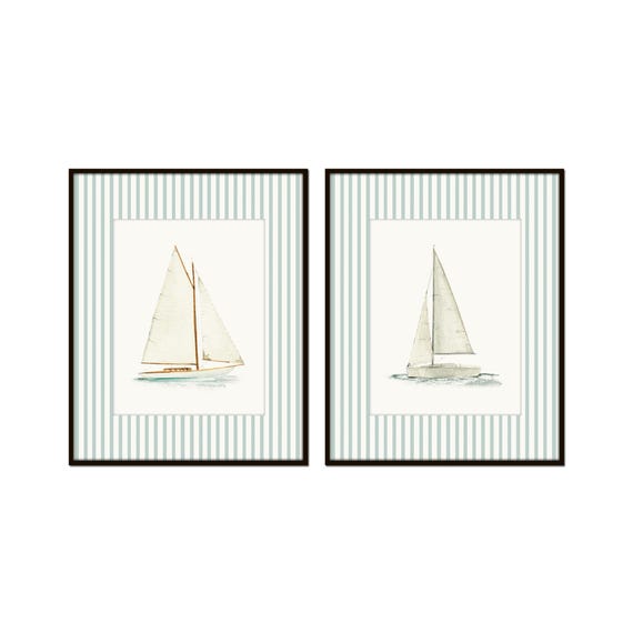 Watercolor Sailboat Prints, Striped Border, Seafoam Coastal Art, Beach House Art, Sailing Art Prints, Coastal Art Decor, Striped Border Art