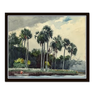 May include: A watercolor painting depicting a group of palm trees on a riverbank. The trees are tall and slender, with lush green fronds. The river is calm and serene, with a small boat in the distance. The sky is cloudy and overcast, with hints of blue peeking through.