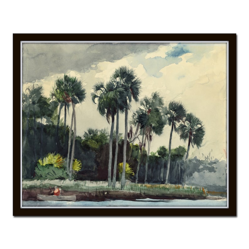 May include: A watercolor painting depicting a group of palm trees on a riverbank. The trees are tall and slender, with lush green fronds. The river is calm and serene, with a small boat in the distance. The sky is cloudy and overcast, with hints of blue peeking through.